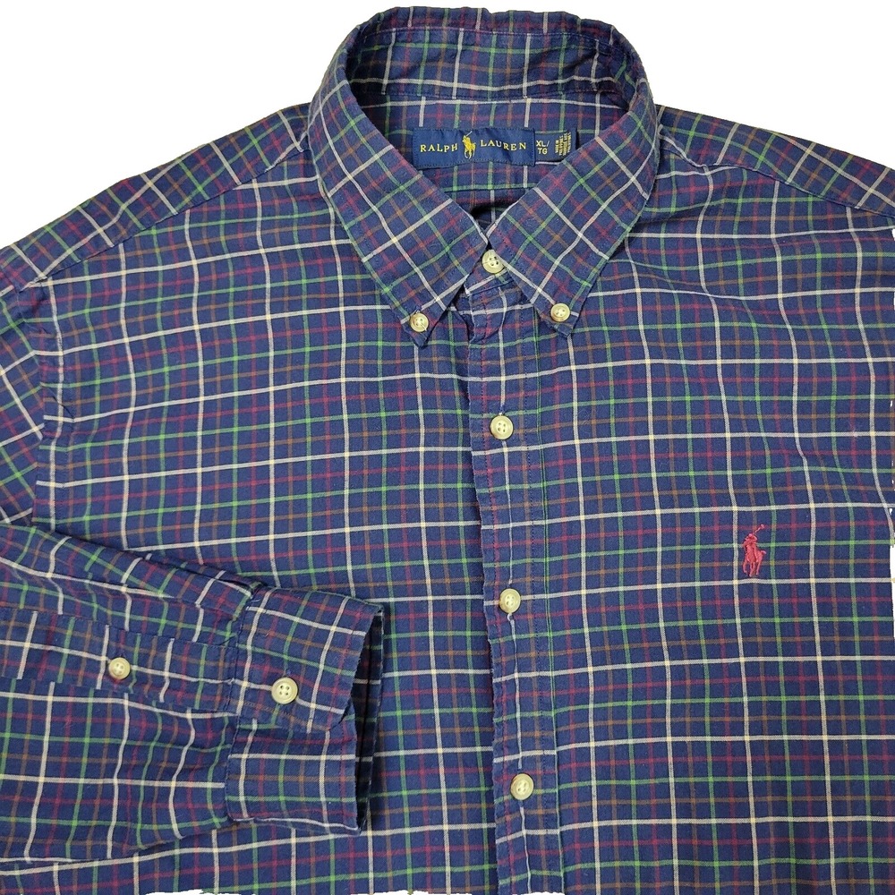 Ralph Lauren‎ Blue Label Mens XL Blue Plaid Red Pony Button Down Shirt